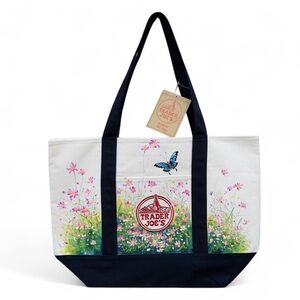 Hand Painted Trader Joe’s Large Canvas Tote Bag with‎ Butterfly and Wildflower